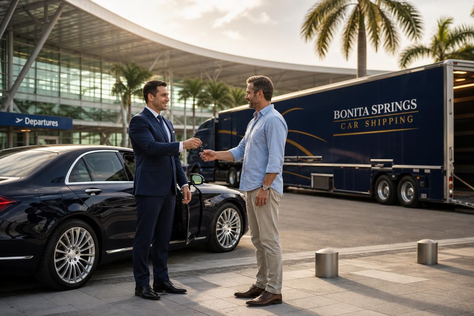 Customer receiving keys near the Southwest Florida International Airport terminal from Bonita Springs Car Shipping