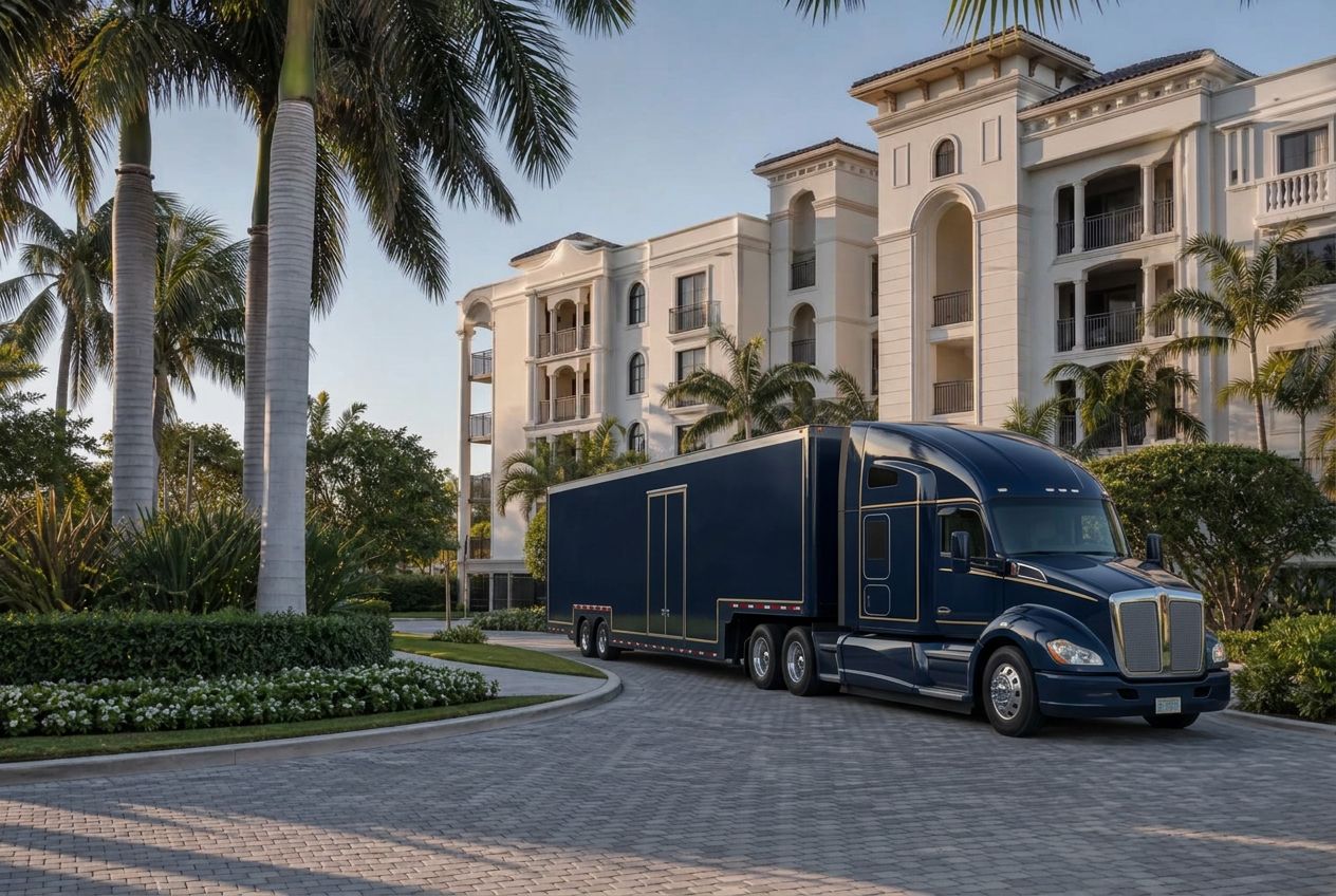 Bonita Springs Car Shipping enclosed transport truck loading a luxury car on a palm-lined coastal road