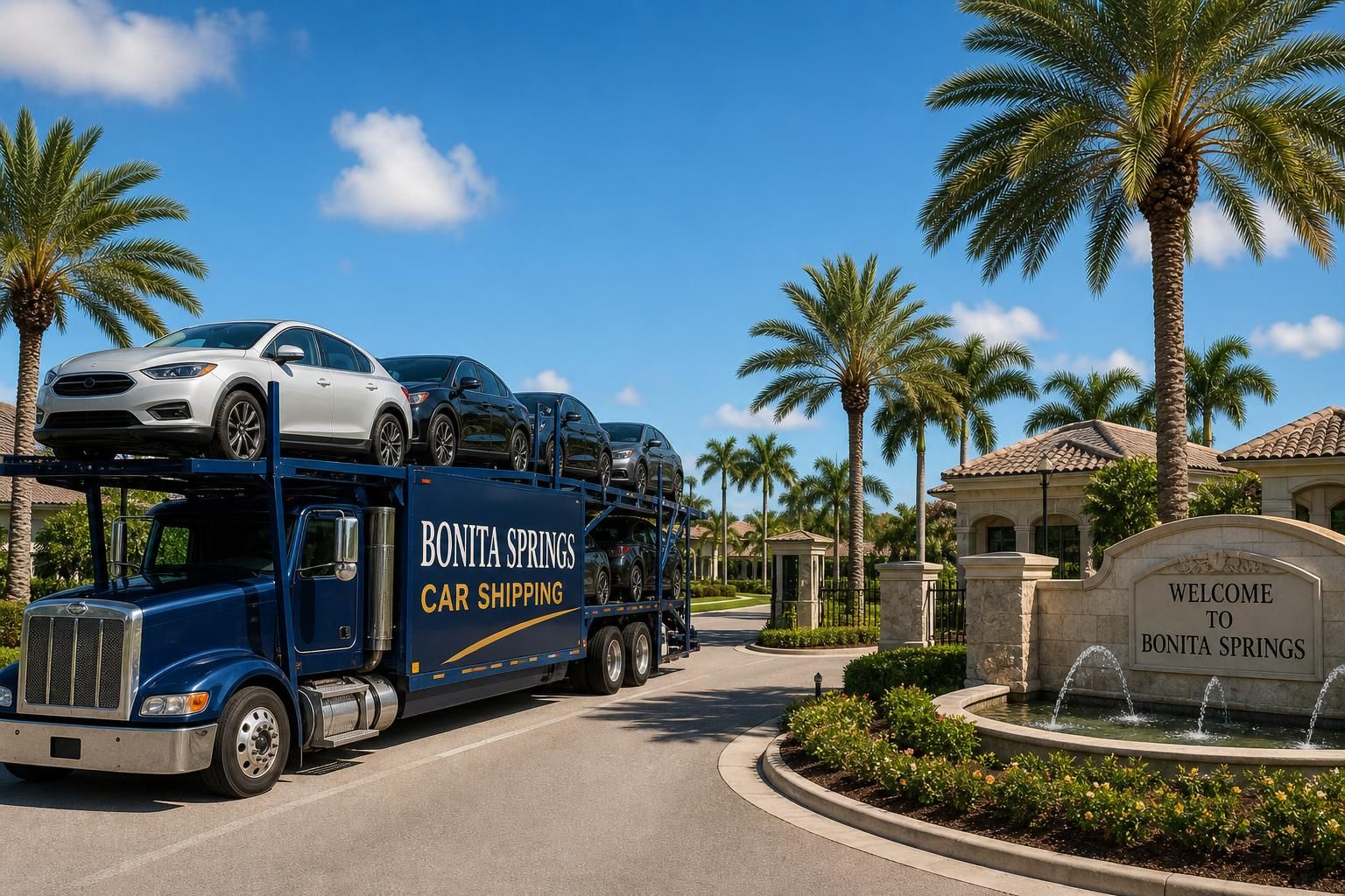 Bonita Springs Car Shipping carrier at a gated community entrance in Bonita Springs